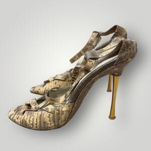 Tom Ford Genuine Exotic Leather Gold Stiletto Heels PythonPatternStrappy Sandals